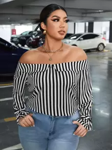 SHEIN Privé Plus Striped Off Shoulder Tie Cuff Blouse - Black and White - View 1