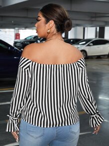 SHEIN Privé Plus Striped Off Shoulder Tie Cuff Blouse - Black and White - View 2