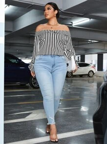 SHEIN Privé Plus Striped Off Shoulder Tie Cuff Blouse - Black and White - View 3