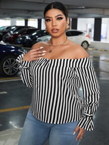 SHEIN Privé Plus Striped Off Shoulder Tie Cuff Blouse - Black and White - View 4