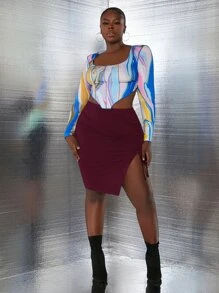 SHEIN SXY Váy Plus Size Dây kéo Thắt nút Xù Chia màu trơn Gợi cảm - Màu Đỏ Sâu - Xem 3