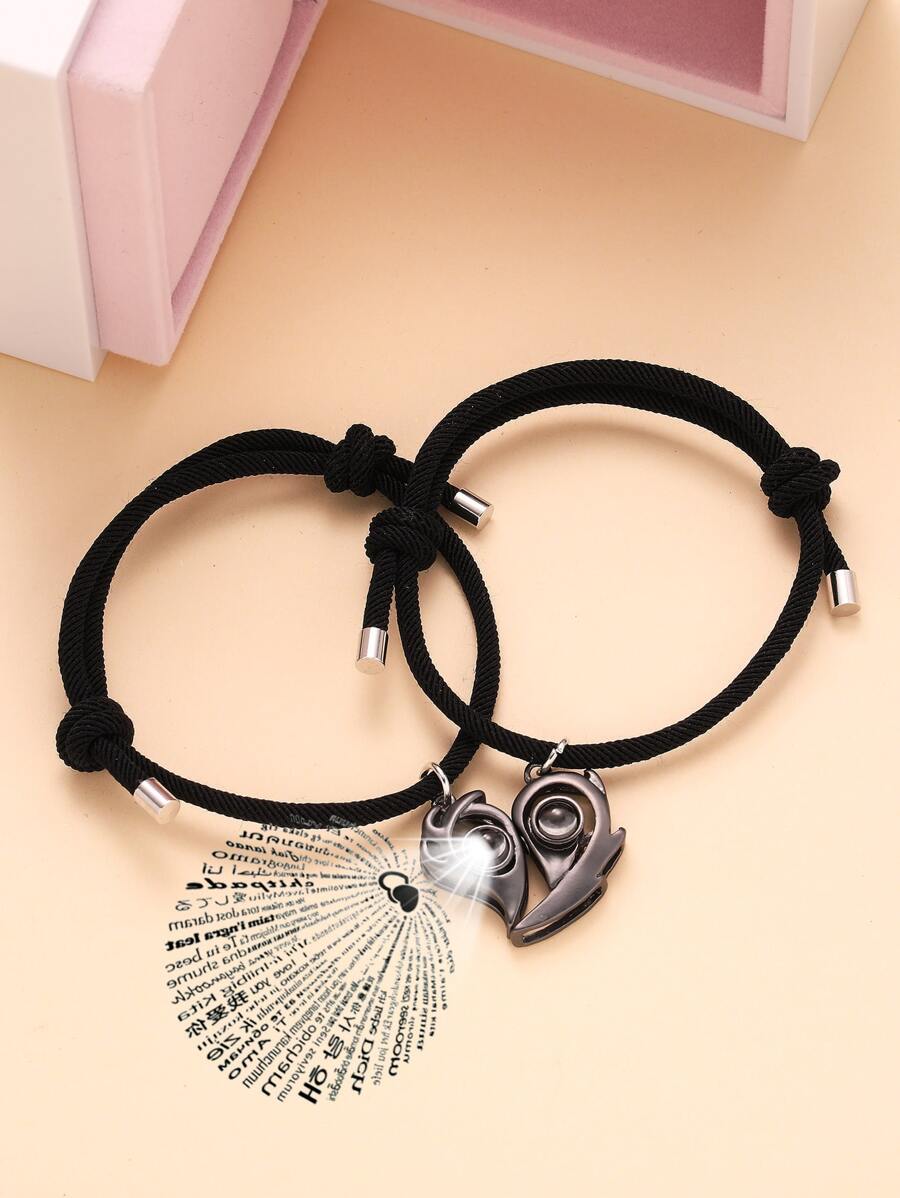 時尚流行男士合金2入組情侶心形吊飾手鍊朋克嘻哈風格適合珠寶禮物和時尚外觀 - 槍黑色 - 查看 1
