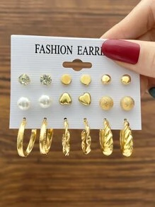 9đôi Ngọc trai Giả & Trang trí trái tim Hoa tai - Vàng - Xem 1