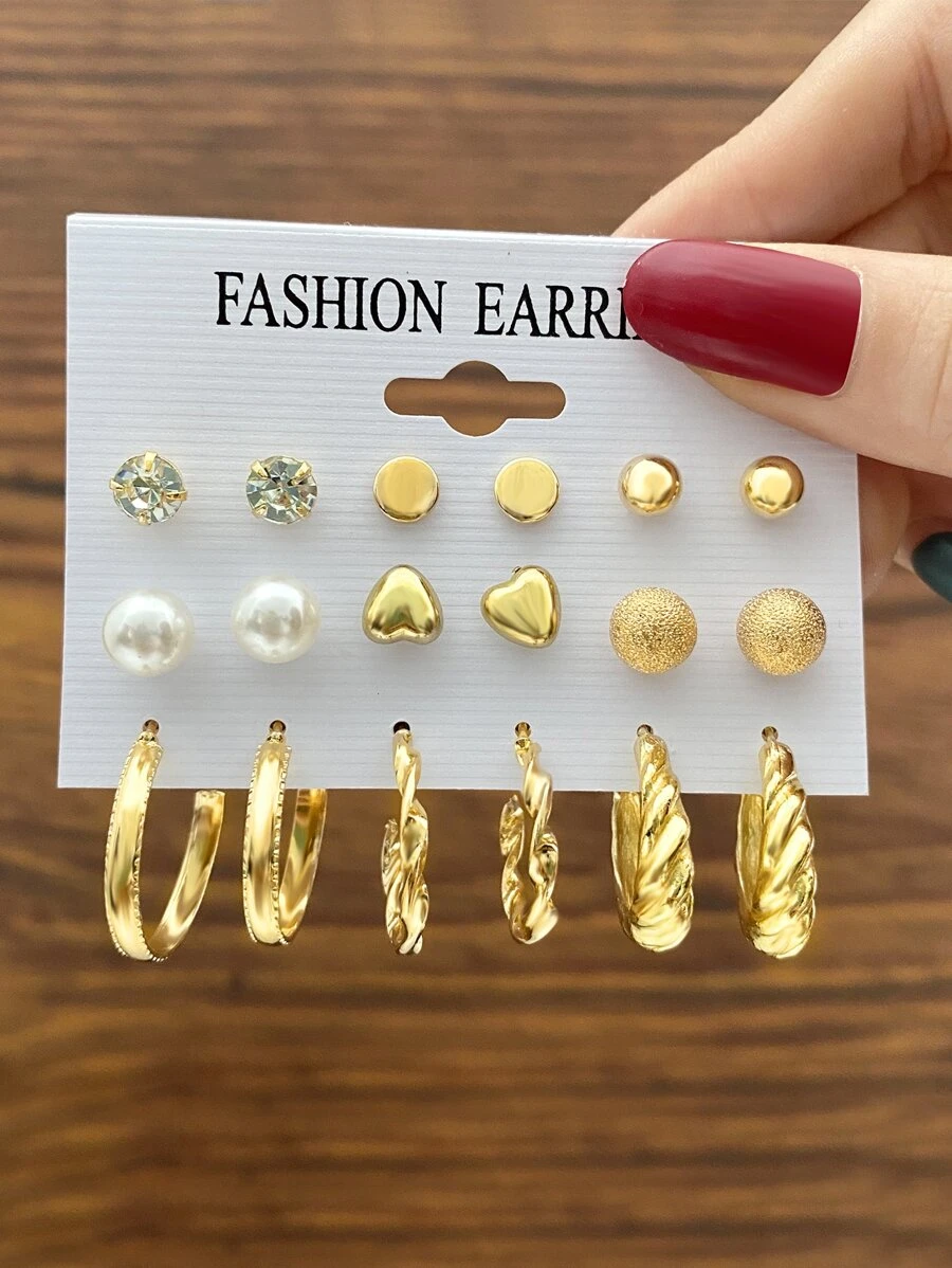 9đôi Ngọc trai Giả & Trang trí trái tim Hoa tai - Vàng - Xem 1