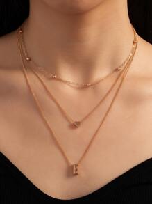 Letter E Charm Layered Necklace - Yellow Gold - View 1