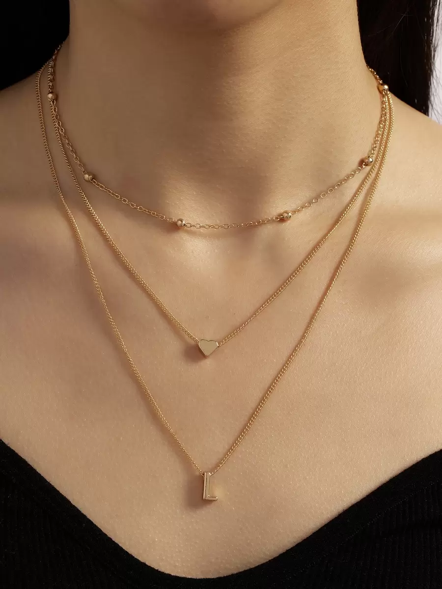 Letter L Charm Layered Necklace - Yellow Gold - View 1