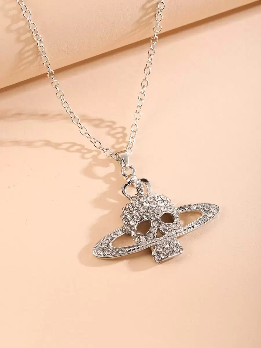 Rhinestone Skull Charm Necklace - Silver - View 1