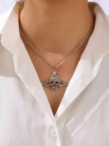 Rhinestone Skull Charm Necklace - Silver - View 2