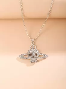 Rhinestone Skull Charm Necklace - Silver - View 3