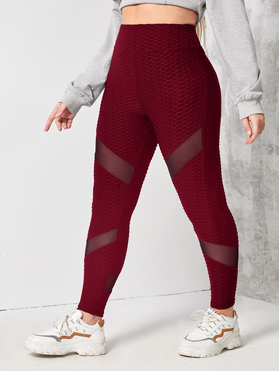 Plus Breathable Textured Mesh Insert Sports Leggings - Burgundy - View 1