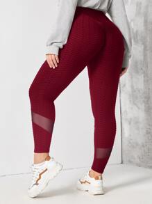 Plus Breathable Textured Mesh Insert Sports Leggings - Burgundy - View 2