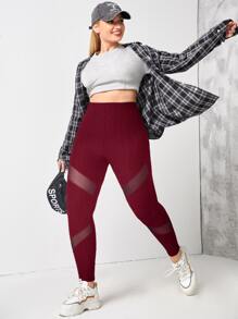 Plus Breathable Textured Mesh Insert Sports Leggings - Burgundy - View 3
