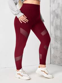 Plus Breathable Textured Mesh Insert Sports Leggings - Burgundy - View 4