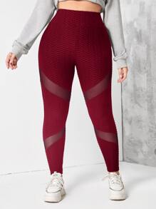 Plus Breathable Textured Mesh Insert Sports Leggings - Burgundy - View 5