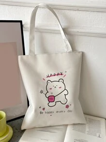 卡通和字母圖案帆布購物袋書包適合畢業生、青少年女孩、新生、大二、大三和大四學生、大學和高中，非常適合戶外、旅行和返校 - 白色 - 查看 1