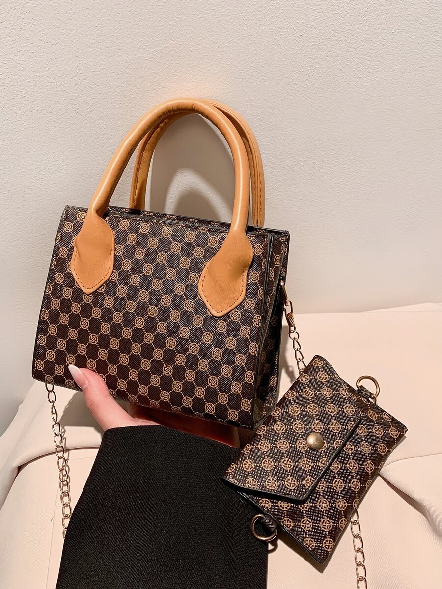 Mini Floral Pattern Bucket Bag With Coin Purse - Brown - View 1