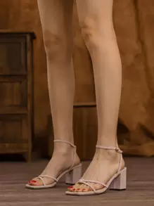 Crossover Strap Chunky Heeled Ankle Strap Sandals - Apricot - View 2