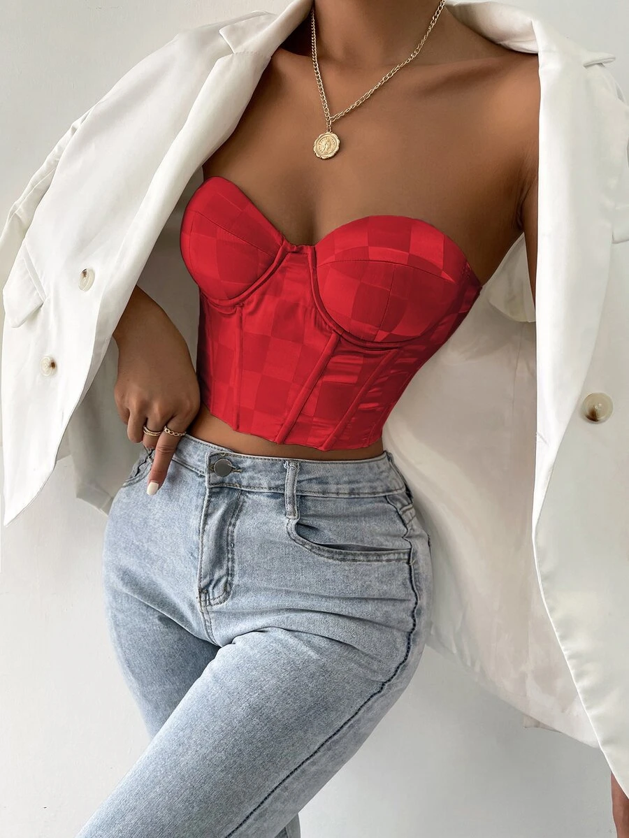 Checker Print Grommet Eyelet Lace Up Back Crop Tube Top