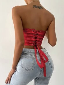 Checker Print Grommet Eyelet Lace Up Back Crop Tube Top