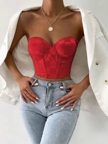 Checker Print Grommet Eyelet Lace Up Back Crop Tube Top