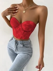Checker Print Grommet Eyelet Lace Up Back Crop Tube Top