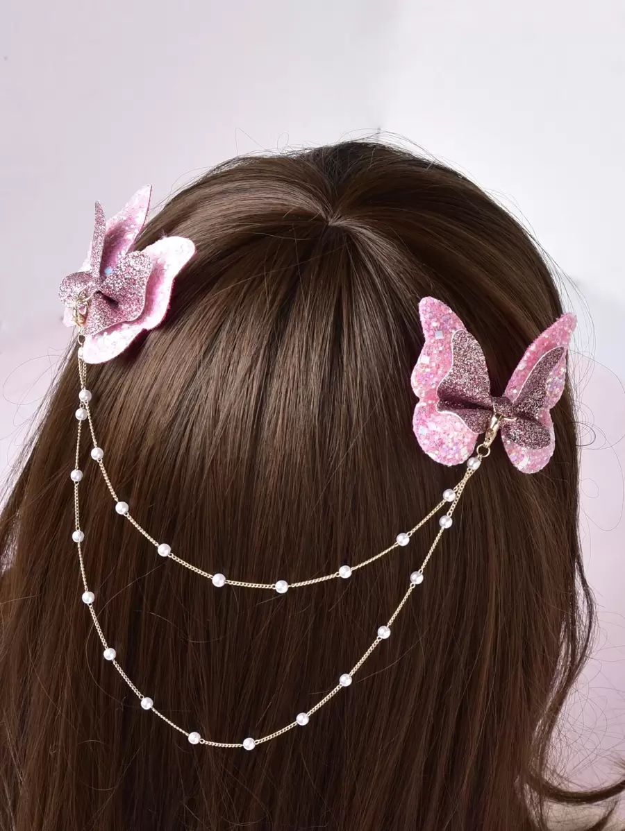 1pc Elegant And Colorful Butterfly Pearl Chain Hair Clip For Girls - Multicolor - View 1