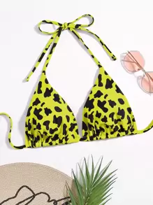 Plus Leopard Halter Triangle Bikini Top - Yellow - View 1