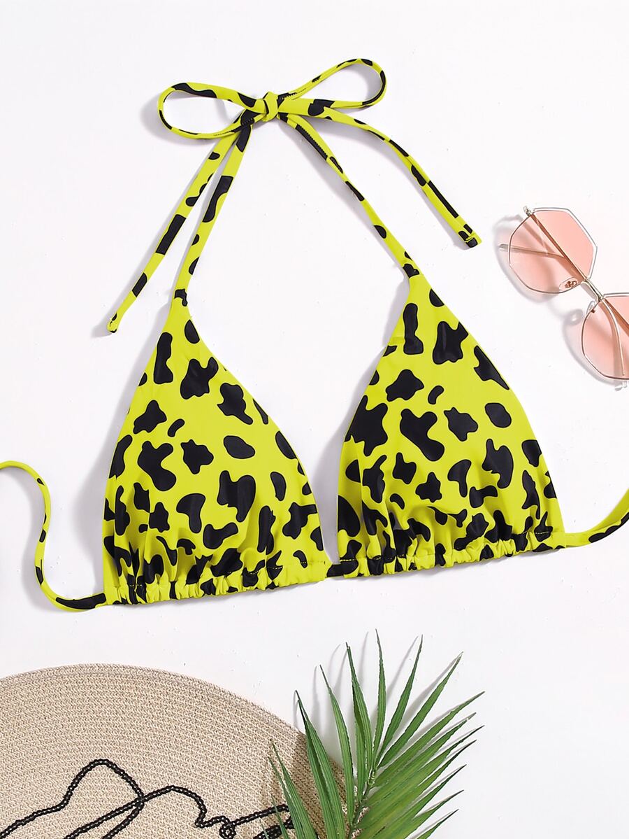 Plus Leopard Halter Triangle Bikini Top - Yellow - View 1