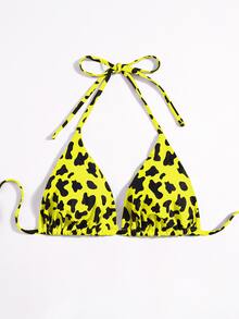 Plus Leopard Halter Triangle Bikini Top - Yellow - View 3