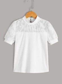 SHEIN Tween Girl Solid Lace Yoke Puff Sleeve Tee - White - View 1