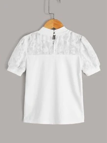 SHEIN Tween Girl Solid Lace Yoke Puff Sleeve Tee - White - View 2