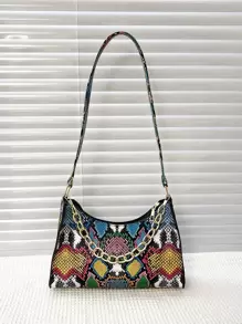 Colorful Chain Decor Snakekin Pattern Purse Shoulder Bag For Women - Multicolor - View 1