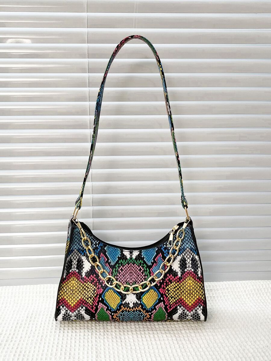 Colorful Chain Decor Snakekin Pattern Purse Shoulder Bag For Women - Multicolor - View 1