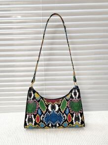 Colorful Chain Decor Snakekin Pattern Purse Shoulder Bag For Women - Multicolor - View 2