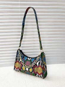 Colorful Chain Decor Snakekin Pattern Purse Shoulder Bag For Women - Multicolor - View 5