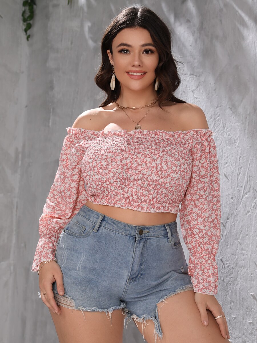 大碼小碎花一字肩荷葉袖打褶襯衫 - 彩色 - 查看 1