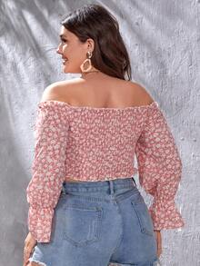 大碼小碎花一字肩荷葉袖打褶襯衫 - 彩色 - 查看 2