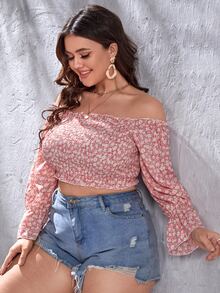 大碼小碎花一字肩荷葉袖打褶襯衫 - 彩色 - 查看 3