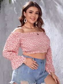 大碼小碎花一字肩荷葉袖打褶襯衫 - 彩色 - 查看 5