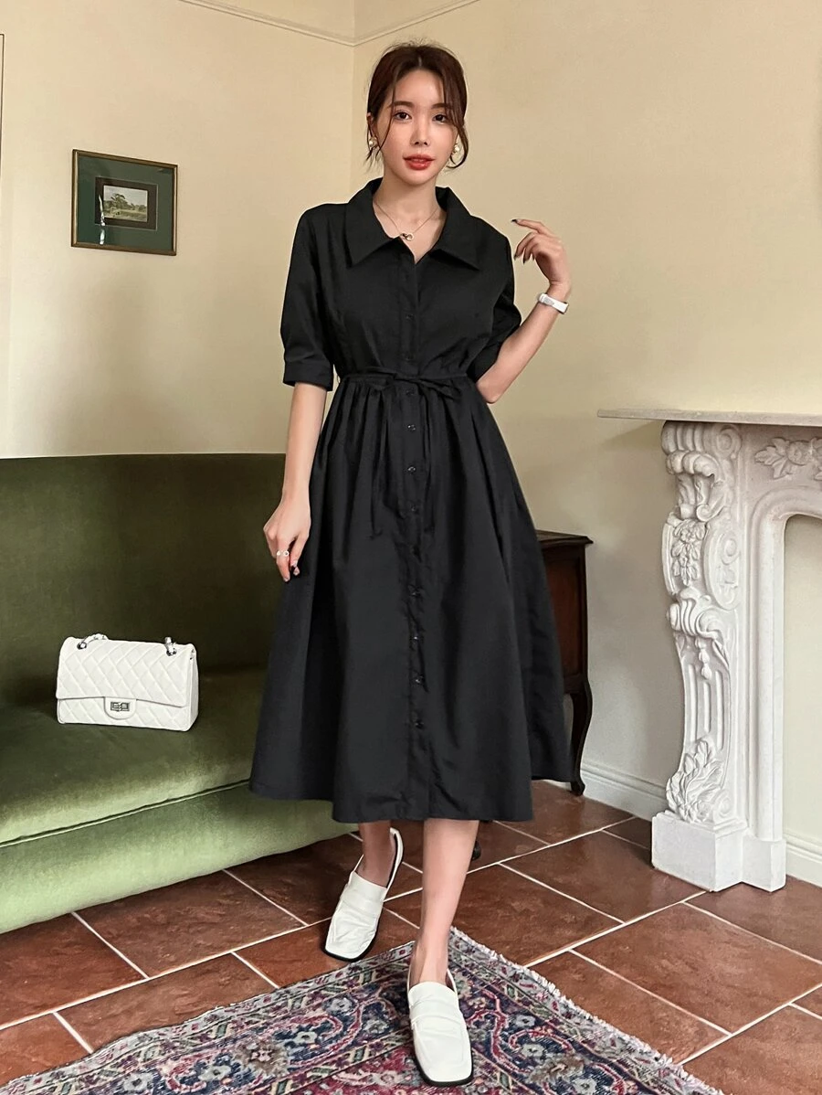 DAZY Bishop Sleeve Belted Shirt Dress Sundress,Casual Women Dresses,Fall Clothes - Black - View 1