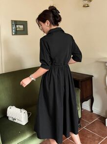 DAZY Bishop Sleeve Belted Shirt Dress Sundress,Casual Women Dresses,Fall Clothes - Black - View 2