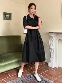 DAZY Bishop Sleeve Belted Shirt Dress Sundress,Casual Women Dresses,Fall Clothes - Black - View 3
