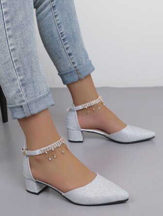 Höst/vinter Strassdekoration Ankelrem Glitter Pumps, Silverfärgade Ädelstens Dam Högklackade Skor, Eleganta, Fest
