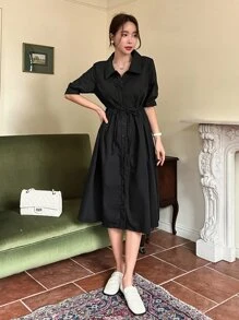 DAZY Bishop Sleeve Belted Shirt Dress Sundress,Casual Women Dresses,Fall Clothes - Black - View 4