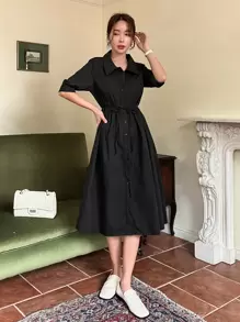 DAZY Bishop Sleeve Belted Shirt Dress Sundress,Casual Women Dresses,Fall Clothes - Black - View 5
