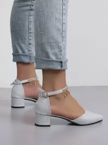 秋冬季水钻装饰踝带亮片高跟鞋，银色宝石女士高跟鞋，优雅，派对鞋