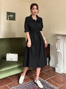 DAZY Bishop Sleeve Belted Shirt Dress Sundress,Casual Women Dresses,Fall Clothes - Black - View 6