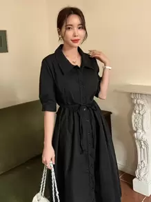 DAZY Bishop Sleeve Belted Shirt Dress Sundress,Casual Women Dresses,Fall Clothes - Black - View 7