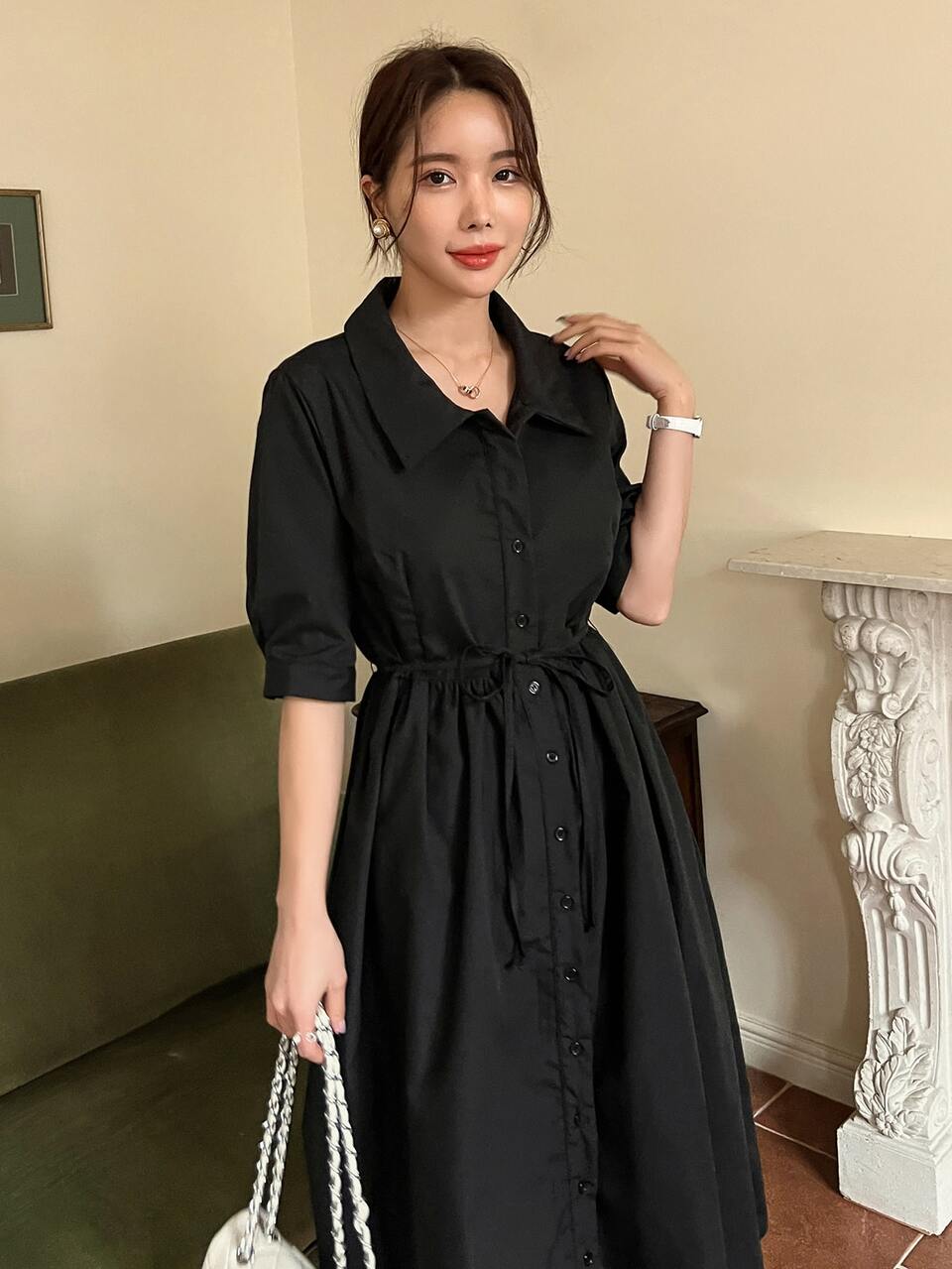 Bishop Sleeve Belted Shirt Dress Sundress,Casual Women Dresses,Fall Clothes Maxi Dress