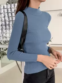 DAZY 1 pieza Suéter de mujer con cuello alto y manga larga, estilo de negocios casual, para otoño, parte superior de manga larga